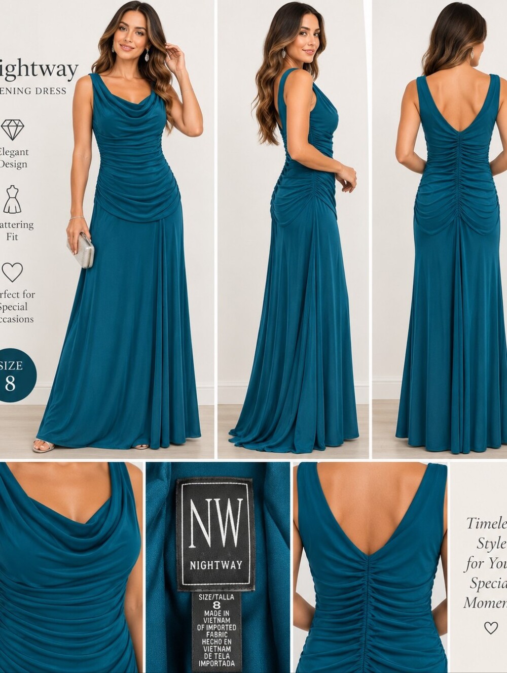 Night Way Collections Teal Ruched Cowl Maxi Gown